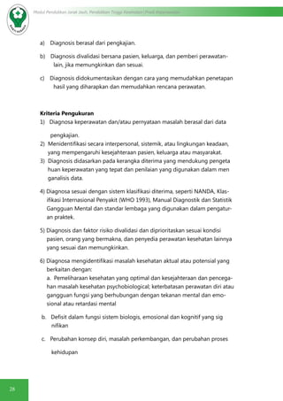 28
Modul Pendidikan Jarak Jauh, Pendidikan Tinggi Kesehatan Prodi Keperawatan
a)      Diagnosis berasal dari pengkajian.
b)      Diagnosis divalidasi bersana pasien, keluarga, dan pemberi perawatan-
lain, jika memungkinkan dan sesuai.
c)      Diagnosis didokumentasikan dengan cara yang memudahkan penetapan
hasil yang diharapkan dan memudahkan rencana perawatan.
Kriteria Pengukuran
1) Diagnosa keperawatan dan/atau pernyataan masalah berasal dari data
	pengkajian.
2) Menidentifikasi secara interpersonal, sistemik, atau lingkungan keadaan, 	
yang mempengaruhi kesejahteraan pasien, keluarga atau masyarakat.
3) Diagnosis didasarkan pada kerangka diterima yang mendukung pengeta	
huan keperawatan yang tepat dan penilaian yang digunakan dalam men	
ganalisis data.
4) Diagnosa sesuai dengan sistem klasifikasi diterima, seperti NANDA, Klas-
ifikasi Internasional Penyakit (WHO 1993), Manual Diagnostik dan Statistik
Gangguan Mental dan standar lembaga yang digunakan dalam pengatur-
an praktek.
5) Diagnosis dan faktor risiko divalidasi dan diprioritaskan sesuai kondisi
pasien, orang yang bermakna, dan penyedia perawatan kesehatan lainnya
yang sesuai dan memungkinkan.
6) Diagnosa mengidentifikasi masalah kesehatan aktual atau potensial yang
berkaitan dengan:
a. Pemeliharaan kesehatan yang optimal dan kesejahteraan dan pencega-
han masalah kesehatan psychobiological; keterbatasan perawatan diri atau
gangguan fungsi yang berhubungan dengan tekanan mental dan emo-
sional atau retardasi mental
b. Defisit dalam fungsi sistem biologis, emosional dan kognitif yang sig 	
nifikan
c. Perubahan konsep diri, masalah perkembangan, dan perubahan proses
kehidupan
 