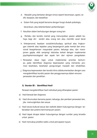 29
Modul Pendidikan Jarak Jauh, Pendidikan Tinggi Kesehatan Prodi Keperawatan
d. Masalah yang berkaitan dengan emosi seperti kecemasan, agresi, se-
dih, kesepian, dan kesedihan
e. Sistem fisik yang terjadi bersama dengan fungsi diubah psikologis,
kecanduan, atau keterlambatan perkembangan
f. Kesulitan dalam berhubungan dengan orang lain
g. Perilaku dan kondisi mental yang menunjukkan pasien adalah ba-
haya bagi diri sendiri atau orang lain atau memiliki cacat berat
h. Interpersonal, keadaan sosial/etnis/budaya, spiritual atau lingkun-
gan sistemik atau kejadian yang berpengaruh pada mental dan emo-
sional kesejahteraan masyarakat pasien, keluarga atau, dan mana-
jemen gejala, efek samping/ toksisitas terkait dengan implementai
psychopharmacological dan aspek lain dari rejimen pengobatan.
i.	Perawatan dasar logis untuk implementai prioritas bertum-
pu pada identifikasi diagnosa keperawatan yang memandu pro-
mosi kesehatan, kesehatan pengurangan masalah dan rehabilitasi.
j. Diagnosa keperawatan dan kondisi klinis didokumentasikan dengan cara
mengidentifikasi kondisi pasien dan penggunaannya dalam rencana
perawatan dan penelitian.
3) Standar III : Identifikasi Hasil
	 Perawat mengidentifikasi hasil individual yang diharapkan pasien
a)      Hasil berasal dari diagnosis
b)      Hasil dirumuskan bersama pasien, keluarga, dan pemberi perawatan lain,	
	 jika memungkinkan dan sesuai.
c)     Hasil secara kultural sesuai dan realistik dalam hubungannya dengan ke-
beradaan dan potensi kemmampuam pasien.
d)   Hasil dapat dicapai dalam hubungannya dengan sumber yang tersedia
untuk pasien.
e)     Hasil mencakup prediksi waktu untuk pencapaian tujuan.
 