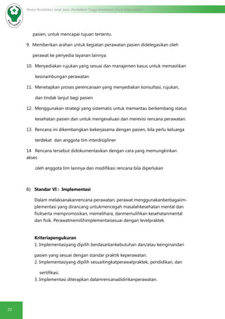 32
Modul Pendidikan Jarak Jauh, Pendidikan Tinggi Kesehatan Prodi Keperawatan
pasien, untuk mencapai tujuan tertentu.
9. Memberikan arahan untuk kegiatan perawatan pasien didelegasikan oleh
perawat ke penyedia layanan lainnya.
10. Menyediakan rujukan yang sesuai dan manajemen kasus untuk memastikan
kesinambungan perawatan
11. Menetapkan proses perencanaan yang menyediakan konsultasi, rujukan,
dan tindak lanjut bagi pasien
12. Menggunakan strategi yang sistematis untuk memantau berkembang status
kesehatan pasien dan untuk mengevaluasi dan merevisi rencana perawatan.
13. Rencana ini dikembangkan bekerjasama dengan pasien, bila perlu keluarga
terdekat dan anggota tim interdisipliner
14 Rencana tersebut didokumentasikan dengan cara yang memungkinkan
akses
oleh anggota tim lainnya dan modifikasi rencana bila diperlukan
6)	 Standar VI : Implementasi
Dalam melaksanakanrencana perawatan, perawat menggunakanberbagaiim-
plementasi yang dirancang untukmencegah masalahkesehatan mental dan
fisikserta mempromosikan, memelihara, danmemulihkan kesehatanmental
dan fisik. Perawatmemilihimplementaisesuai dengan levelpraktek.
Kriteriapengukuran
1. Implementasiyang dipilih berdasarkankebutuhan dan/atau keinginandari
pasien yang sesuai dengan standar praktik keperawatan.
2. Implementasiyang dipilih sesuaitingkatperawatpraktek, pendidikan, dan
sertifikasi.
3. Implementasi diterapkan dalamrencanadidirikanperawatan.
 