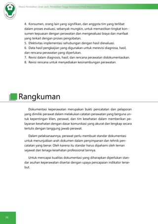 34
Modul Pendidikan Jarak Jauh, Pendidikan Tinggi Kesehatan Prodi Keperawatan
4. Konsumen, orang lain yang signifikan, dan anggota tim yang terlibat
dalam proses evaluasi, sebanyak mungkin, untuk memastikan tingkat kon-
sumen kepuasan dengan perawatan dan mengevaluasi biaya dan manfaat
yang terkait dengan proses pengobatan.
5. Efektivitas implementasi sehubungan dengan hasil dievaluasi.
6. Data hasil pengkaijian yang digunakan untuk merevisi diagnosa, hasil,
dan rencana perawatan yang diperlukan.
7. Revisi dalam diagnosis, hasil, dan rencana perawatan didokumentasikan.
8. Revisi rencana untuk menyediakan kesinambungan perawatan.
Dokumentasi keperawatan merupakan bukti pencatatan dan pelaporan
yang dimiliki perawat dalam melakukan catatan perawatan yang berguna un-
tuk kepentingan klien, perawat, dan tim kesehatan dalam memberikan pe-
layanan kesehatan dengan dasar komunikasi yang akurat dan lengkap secara
tertulis dengan tanggung jawab perawat.
Dalam pelaksanaannya, perawat perlu membuat standar dokumentasi
untuk menunjukkan arah dokumen dalam penyimpanan dan tehnik pen-
catatan yang benar. Oleh karena itu standar harus dipahami oleh teman
sejawat dan tenaga kesehatan professional lainnya.
Untuk mencapai kualitas dokumentasi yang diharapkan diperlukan stan-
dar asuhan keperawatan disertai dengan upaya pencapaian indikator terse-
but.
Rangkuman
 