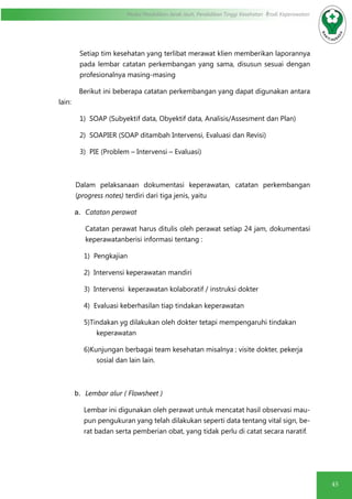 45
Modul Pendidikan Jarak Jauh, Pendidikan Tinggi Kesehatan Prodi Keperawatan
Setiap tim kesehatan yang terlibat merawat klien memberikan laporannya
pada lembar catatan perkembangan yang sama, disusun sesuai dengan
profesionalnya masing-masing
Berikut ini beberapa catatan perkembangan yang dapat digunakan antara
lain:
1) SOAP (Subyektif data, Obyektif data, Analisis/Assesment dan Plan)
2) SOAPIER (SOAP ditambah Intervensi, Evaluasi dan Revisi)
3) PIE (Problem – Intervensi – Evaluasi)
Dalam pelaksanaan dokumentasi keperawatan, catatan perkembangan
(progress notes) terdiri dari tiga jenis, yaitu
a.	 Catatan perawat
Catatan perawat harus ditulis oleh perawat setiap 24 jam, dokumentasi
keperawatanberisi informasi tentang :
1) Pengkajian
2) Intervensi keperawatan mandiri
3) Intervensi keperawatan kolaboratif / instruksi dokter
4) Evaluasi keberhasilan tiap tindakan keperawatan
5)Tindakan yg dilakukan oleh dokter tetapi mempengaruhi tindakan
keperawatan
6)Kunjungan berbagai team kesehatan misalnya ; visite dokter, pekerja
sosial dan lain lain.
b.	 Lembar alur ( Flowsheet )
Lembar ini digunakan oleh perawat untuk mencatat hasil observasi mau-
pun pengukuran yang telah dilakukan seperti data tentang vital sign, be-
rat badan serta pemberian obat, yang tidak perlu di catat secara naratif.
 
