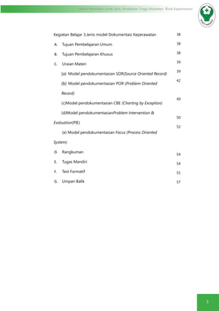3
Modul Pendidikan Jarak Jauh, Pendidikan Tinggi Kesehatan Prodi Keperawatan
Kegiatan Belajar 3.Jenis model Dokumentasi Keperawatan
A.	 Tujuan Pembelajaran Umum
B.	 Tujuan Pembelajaran Khusus
C.	 Uraian Materi
(a)	 Model pendokumentasian SOR(Source Oriented Record)
(b)	Model pendokumentasian POR (Problem Oriented
Record)
(c)Model pendokumentasian CBE (Charting by Exception)
(d)Model pendokumentasianProblem Intervention &
Evaluation(PIE)
(e) Model pendokumentasian Focus (Process Oriented
System)
D.	 Rangkuman
E.	 Tugas Mandiri
F.	 Test Formatif
G.	 Umpan Balik
38
38
38
39
39
42
49
50
52
54
54
55
57
 