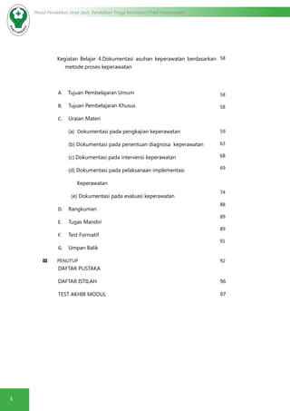 4
Modul Pendidikan Jarak Jauh, Pendidikan Tinggi Kesehatan Prodi Keperawatan
Kegiatan Belajar 4.Dokumentasi asuhan keperawatan berdasarkan
metode proses keperawatan
A.	 Tujuan Pembelajaran Umum
B.	 Tujuan Pembelajaran Khusus
C.	 Uraian Materi
(a) Dokumentasi pada pengkajian keperawatan
(b) Dokumentasi pada penentuan diagnosa keperawatan
(c) Dokumentasi pada intervensi keperawatan
(d) Dokumentasi pada pelaksanaan implementasi
Keperawatan
(e) Dokumentasi pada evaluasi keperawatan
D.	 Rangkuman
E.	 Tugas Mandiri
F.	 Test Formatif
G.	 Umpan Balik
58
58
58
59
63
68
69
74
88
89
89
91
III PENUTUP 92
DAFTAR PUSTAKA
DAFTAR ISTILAH
TEST AKHIR MODUL
96
97
 