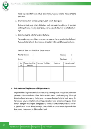 Modul Pendidikan Jarak Jauh, Pendidikan Tinggi Kesehatan Prodi Keperawatan
17
Pendahuluan	 Uraian Materi	 Rangkuman	 Tes Formatif
nosa keperawatan baik aktual atau risiko, tujuan, kriteria hasil, rencana
tindakan.
3.	 Disimpan dalam tempat yang mudah untuk dijangkau
Dokumentasi yang telah dilakukan oleh perawat, hendaknya di simpan
di tempat yang mudah dijangkau oleh perawat atau tim kesehatan lain-
nya.
4.	 Informasi yang ada harus diperbaharui
Semua komponen dalam rencana perawatan harus selalu diperbaharui.
Tujuan, kriteria hasil dan rencana tindakan tidak valid harus diperbaiki.
Contoh Rencana Tindakan Keperawatan
Nama Pasien	:					Ruang		:
Umur		:					Register	:
No
Dx
Tujuan dan Krite-
ria Hasil
Rencana Tindakan Rasional Nama & paraf
5)	 Dokumentasi Implementasi Keperawatan
Implementasi keperawatan adalah serangkaian kegiatan yang dilakukan oleh
perawat untuk membantu klien dari masalah status kesehatan yang dihadapi
kestatus kesehatan yang  baik yang menggambarkan kriteria hasil yang di-
harapkan. Ukuran implementiasi keperawatan yang diberikan kepada klien
terkait dengan dukungan, pengobatan, tindakan untuk memperbaiki kondi-
si, pendidikan untuk klien-keluarga, atau tindakan untuk mencegah masalah
kesehatan yang muncul dikemudian hari.
 
