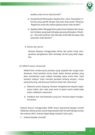 Modul Pendidikan Jarak Jauh, Pendidikan Tinggi Kesehatan Prodi Keperawatan
28
Pendahuluan	 Uraian Materi	 Rangkuman	 Tes Formatif
sewaktu anda minum obat diuretik?”
2)	 Komprehensif Menanyakan kepada klien untuk menyatakan in-
formasi yang spesifik dengan kata-kata anda sendiri. Misalnya,
“Bagaimana anda tahu bahwa glukosa darah anda rendah?”
3)	 Applikasi fakta: Mengajak klien pada situasi hipotesa dan tanya-
kan tindakan yang tepat terhadap apa yang ditanyakan. Misaln-
ya, “ Jika anda sendirian, tiba-tiba bayi anda tidak bernapas. Apa
yang akan anda lakukan?”
b. Kertas dan pensil
Perawat biasanya menggunakan kertas dan pensil untuk men-
gevaluasi pengetahuan klien terhadap hal-hal yang telah diajar-
kan.
(2) Affektif (status emosional)
Affektif klien cenderung ke penilaian yang subyektif dan sangat sukar
dievaluasi. Hasil penilaian emosi ditulis dalam bentuk perilaku yang
akan memberikan suatu indikasi terhadap status emosi klien. Hasil
tersebut meliputi “tukar menukar perasaan tentang sesuatu”, cemas
yang berkurang, ada kemauan berkomunikasi dan seterusnya”.
a.	 Observasi secara langsung. Perawat mengobservasi ekspresi wajah,
postur tubuh, dan nada suara serta isi pesan secara verbal pada
waktu melakukan wawancara.
b.	 Feedback dari staf kesehatan yang lain. Perawat dapat mengko-
firmasikan
Evaluasi disusun menggunakan SOAP secara operasional dengan sumatif
(dilakukan selama proses asuhan keperawatan) dan formatif (dengan proses
dan evaluasi akhir). Evaluasi dapat dibagi menjadi 2 jenis yaitu:
1.	 Evaluasi berjalan (sumatif)
 