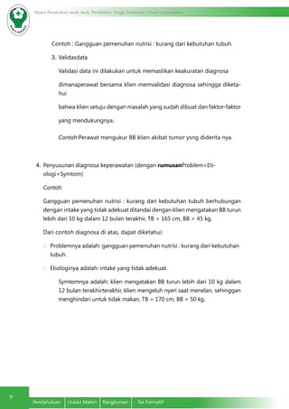 Modul Pendidikan Jarak Jauh, Pendidikan Tinggi Kesehatan Prodi Keperawatan
9
Pendahuluan	 Uraian Materi	 Rangkuman	 Tes Formatif
Contoh : Gangguan pemenuhan nutrisi : kurang dari kebutuhan tubuh.
3.	Validasdata
Validasi data ini dilakukan untuk memastikan keakuratan diagnosa
dimanaperawat bersama klien memvalidasi diagnosa sehingga diketa-
hui
bahwa klien setuju dengan masalah yang sudah dibuat dan faktor-faktor
yang mendukungnya..
Contoh:Perawat mengukur BB klien akibat tumor ysng diderita nya.
4.	Penyusunan diagnosa keperawatan (dengan rumusanProblem+Eti-
ologi+Symtom)
Contoh:
Gangguan pemenuhan nutrisi : kurang dari kebutuhan tubuh berhubungan
dengan intake yang tidak adekuat ditandai dengan klien mengatakan BB turun
lebih dari 10 kg dalam 12 bulan terakhir, TB = 165 cm, BB = 45 kg.
Dari contoh diagnosa di atas, dapat diketahui:
·	 Problemnya adalah: gangguan pemenuhan nutrisi : kurang dari kebutuhan
tubuh.
·	 Etiologinya adalah: intake yang tidak adekuat.
Symtomnya adalah: klien mengatakan BB turun lebih dari 10 kg dalam
12 bulan terakhirterakhir, klien mengeluh nyeri saat menelan, sehinggan
menghindari untuk tidak makan, TB = 170 cm, BB = 50 kg.
 