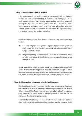Modul Pendidikan Jarak Jauh, Pendidikan Tinggi Kesehatan Prodi Keperawatan
14
Pendahuluan	 Uraian Materi	 Rangkuman	 Tes Formatif
Tahap 1 : Menentukan Prioritas Masalah
Prioritas masalah merupakan upaya perawat untuk mengiden-
tifikasi respon klien terhadap masalah kesehatannya, baik ak-
tual maupun potensial. Untuk menetapkan prioritas masalah
seringkali digunakan hirarki kebutuhan dasar manusia. Pada
kenyataannya perawat tidak mampu menyelesaikan permas-
alahan klien secara bersamaan, oleh karena itu diperlukan up-
aya untuk memprioritaskan masalah.
	
	 Prioritas diagnosa dibedakan dengan diagnosa yang penting sebagai
berikut
(1)	 Prioritas diagnosa merupakan diagnosa keperawatan, jika tidak
diatasi saat ini akan berdampak buruk terhadap kondisi status
fungsi kesehatan klien.
(2)	 Diagnosa penting adalah diagnosa atau malah kolaboratif dima-
na intervensi dapat di tunda tanpa mempengaruhi status fungsi
kesehatan klien.
	 Hirarki yang biasa dijadikan dasar untuk menetapkan prioritas masalah
adalah hirarki Maslow; kegawatan masalah kesehatan berupa ancaman
kesehatan maupun ancaman kehidupan; tingkat masalah berdasarkan ak-
tual, risiko, potensial dan sejahtera sampai sindroma; keinginan pasien.
Tahap 2 : Menentukan tujuan dan kriteria hasil (outcome)
	 Membuat tujuan berarti membuat standar atau ukuran yang digunakan
untuk melakukan evaluasi terhadap perkembangan klien dan ketrampilan
dalam merawat klien.Tujuan keperawatan yang baik adalah pernyataan
yang menjelaskan suatu tindakan yang dapat diukur berdasarkan ke-
mampuan dan kewenangan perawat.
Karena kriteria hasil diagnosa keperawatan mewakili status kesehatan
klien yang dapat dicapai atau di pertahankan melalui rencana tinda-
 