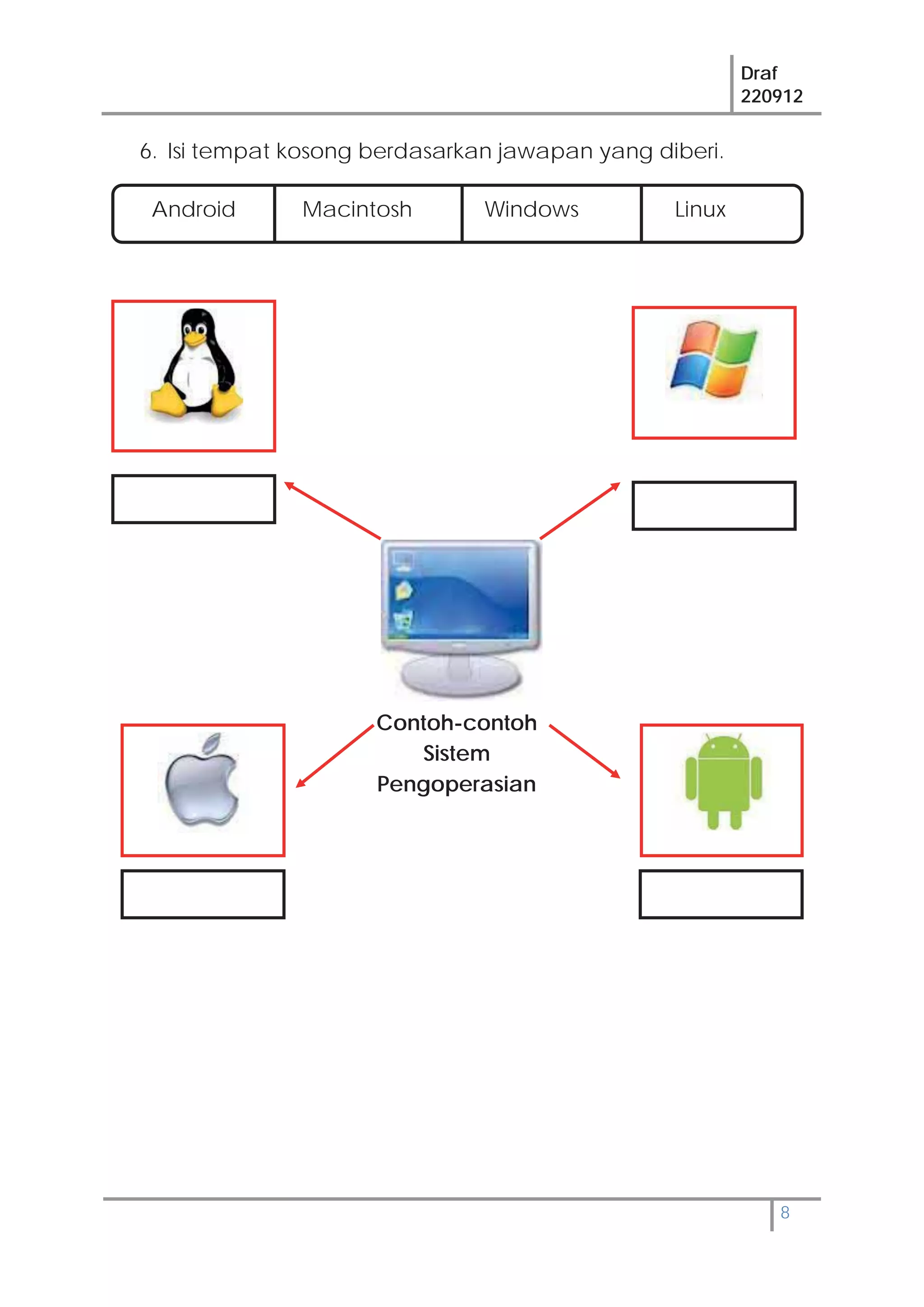 Draf
220912
8
6. Isi tempat kosong berdasarkan jawapan yang diberi.
Android Macintosh Windows Linux
Contoh-contoh
Sistem
Pengoperasian
 