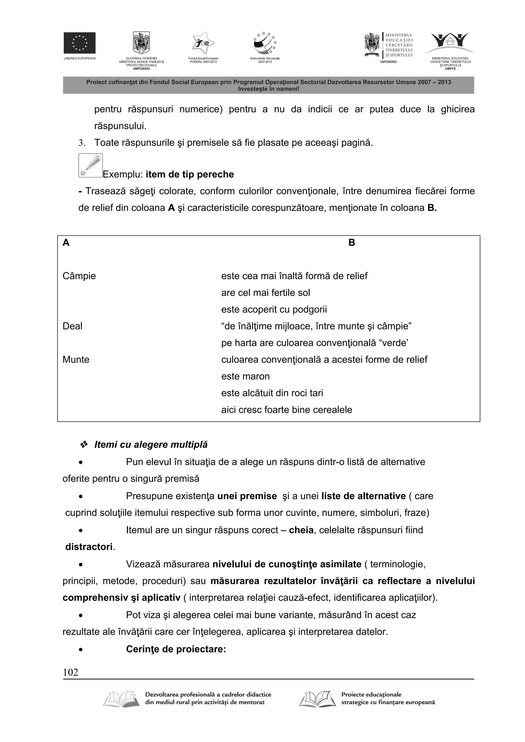 102
pentru r spunsuri numerice) pentru a nu da indicii ce ar putea duce la ghicirea
r spunsului.
3. Toate r spunsurile şi premisele s fie plasate pe aceeaşi pagin .
Exemplu: item de tip pereche
- Traseaz s ge i colorate, conform culorilor conven ionale, între denumirea fiec rei forme
de relief din coloana A şi caracteristicile corespunz toare, men ionate în coloana B.
A B
Câmpie este cea mai înalt form de relief
are cel mai fertile sol
este acoperit cu podgorii
Deal “de în l ime mijloace, între munte şi câmpie”
pe harta are culoarea conven ional “verde’
Munte culoarea conven ional a acestei forme de relief
este maron
este alc tuit din roci tari
aici cresc foarte bine cerealele
 Itemi cu alegere multipl
 Pun elevul în situa ia de a alege un r spuns dintr-o list de alternative
oferite pentru o singur premis
 Presupune existen a unei premise şi a unei liste de alternative ( care
cuprind solu iile itemului respective sub forma unor cuvinte, numere, simboluri, fraze)
 Itemul are un singur r spuns corect – cheia, celelalte r spunsuri fiind
distractori.
 Vizeaz m surarea nivelului de cunoştin e asimilate ( terminologie,
principii, metode, proceduri) sau m surarea rezultatelor înv rii ca reflectare a nivelului
comprehensiv şi aplicativ ( interpretarea rela iei cauz -efect, identificarea aplica iilor).
 Pot viza şi alegerea celei mai bune variante, m surând în acest caz
rezultate ale înv rii care cer în elegerea, aplicarea şi interpretarea datelor.
 Cerin e de proiectare:
 
