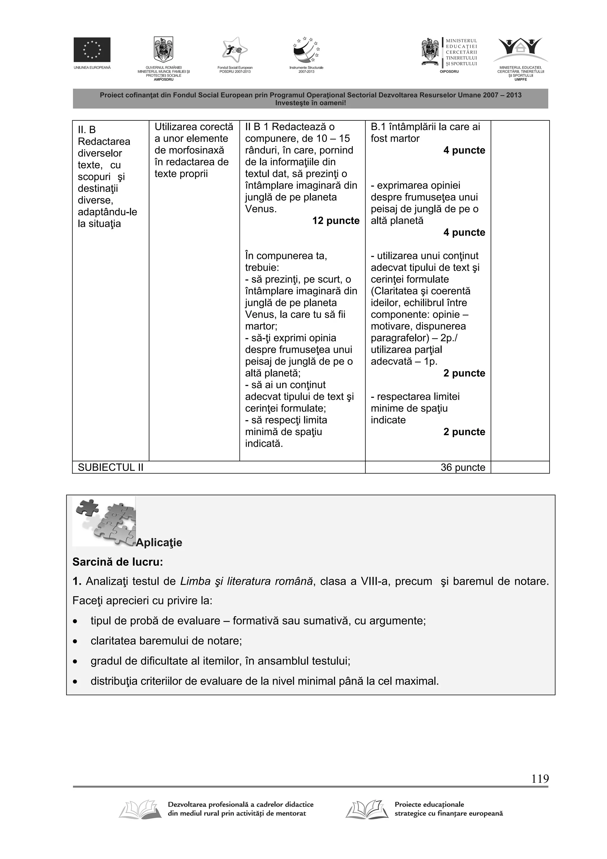 119
II. B
Redactarea
diverselor
texte, cu
scopuri şi
destina ii
diverse,
adaptându-le
la situa ia
Utilizarea corect
a unor elemente
de morfosinax
în redactarea de
texte proprii
II B 1 Redacteaz o
compunere, de 10 – 15
rânduri, în care, pornind
de la informa iile din
textul dat, s prezin i o
întâmplare imaginar din
jungl de pe planeta
Venus.
12 puncte
În compunerea ta,
trebuie:
- s prezin i, pe scurt, o
întâmplare imaginar din
jungl de pe planeta
Venus, la care tu s fii
martor;
- s - i exprimi opinia
despre frumuse ea unui
peisaj de jungl de pe o
alt planet ;
- s ai un con inut
adecvat tipului de text şi
cerin ei formulate;
- s respec i limita
minim de spa iu
indicat .
B.1 întâmpl rii la care ai
fost martor
4 puncte
- exprimarea opiniei
despre frumuse ea unui
peisaj de jungl de pe o
alt planet
4 puncte
- utilizarea unui con inut
adecvat tipului de text şi
cerin ei formulate
(Claritatea şi coerent
ideilor, echilibrul între
componente: opinie –
motivare, dispunerea
paragrafelor) – 2p./
utilizarea par ial
adecvat – 1p.
2 puncte
- respectarea limitei
minime de spa iu
indicate
2 puncte
SUBIECTUL II 36 puncte
Aplica ie
Sarcin de lucru:
1. Analiza i testul de Limba şi literatura română, clasa a VIII-a, precum şi baremul de notare.
Face i aprecieri cu privire la:
 tipul de prob de evaluare – formativ sau sumativ , cu argumente;
 claritatea baremului de notare;
 gradul de dificultate al itemilor, în ansamblul testului;
 distribu ia criteriilor de evaluare de la nivel minimal pân la cel maximal.
 