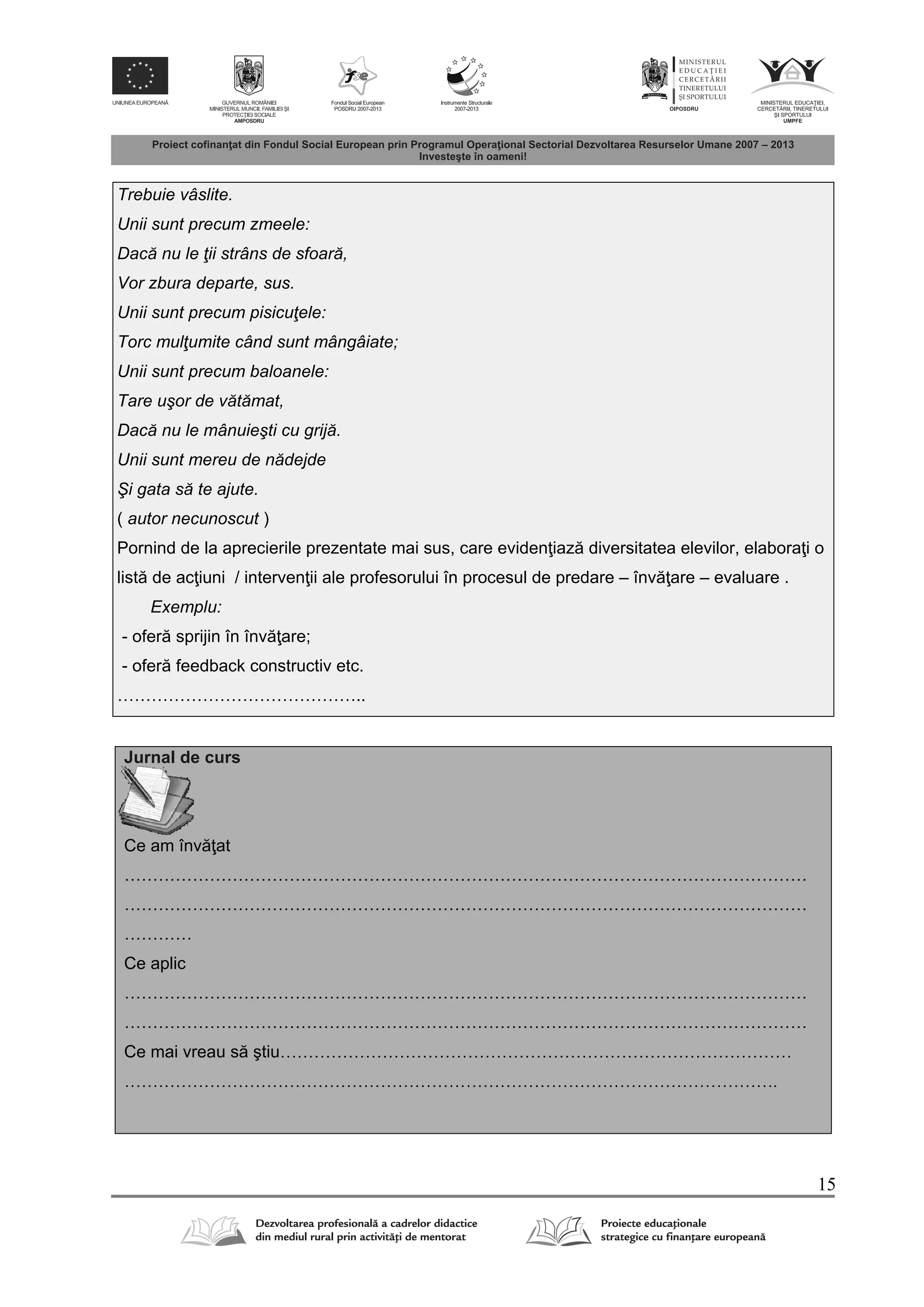 15
Trebuie vâslite.
Unii sunt precum zmeele:
Dacă nu le ţii strâns de sfoară,
Vor zbura departe, sus.
Unii sunt precum pisicuţele:
Torc mulţumite când sunt mângâiate;
Unii sunt precum baloanele:
Tare uşor de vătămat,
Dacă nu le mânuieşti cu grijă.
Unii sunt mereu de nădejde
Şi gata să te ajute.
( autor necunoscut )
Pornind de la aprecierile prezentate mai sus, care eviden iaz diversitatea elevilor, elabora i o
list de ac iuni / interven ii ale profesorului în procesul de predare – înv are – evaluare .
Exemplu:
- ofer sprijin în înv are;
- ofer feedback constructiv etc.
……………………………………..
Jurnal de curs
Ce am înv at
…………………………………………………………………………………………………………
…………………………………………………………………………………………………………
…………
Ce aplic
…………………………………………………………………………………………………………
…………………………………………………………………………………………………………
Ce mai vreau s ştiu………………………………………………………………………………
…………………………………………………………………………………………………….
 
