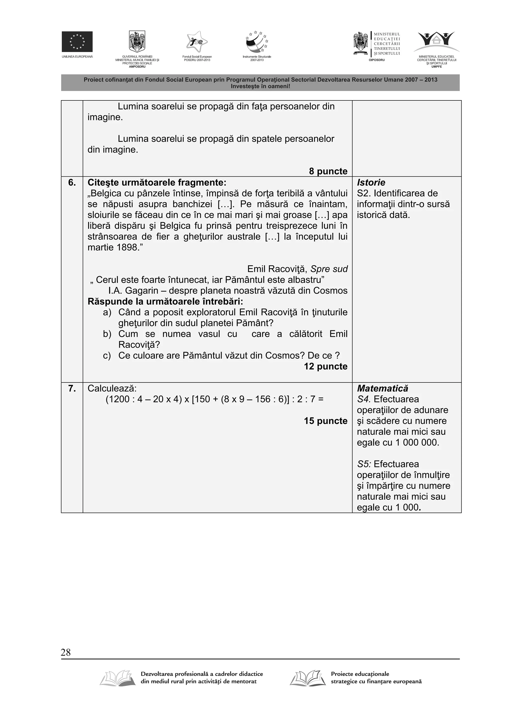 28
Lumina soarelui se propag din fa a persoanelor din
imagine.
Lumina soarelui se propag din spatele persoanelor
din imagine.
8 puncte
6. Citeşte urm toarele fragmente:
„Belgica cu pânzele întinse, împins de for a teribil a vântului
se n pusti asupra banchizei […]. Pe m sur ce înaintam,
sloiurile se f ceau din ce în ce mai mari şi mai groase […] apa
liber disp ru şi Belgica fu prins pentru treisprezece luni în
strânsoarea de fier a ghe urilor australe […] la începutul lui
martie 1898.”
Emil Racovi , Spre sud
„ Cerul este foarte întunecat, iar P mântul este albastru”
I.A. Gagarin – despre planeta noastr v zut din Cosmos
R spunde la urm toarele întreb ri:
a) Când a poposit exploratorul Emil Racovi în inuturile
ghe urilor din sudul planetei P mânt?
b) Cum se numea vasul cu care a c l torit Emil
Racovi ?
c) Ce culoare are P mântul v zut din Cosmos? De ce ?
12 puncte
Istorie
S2. Identificarea de
informa ii dintr-o surs
istoric dat .
7. Calculeaz :
(1200 : 4 – 20 x 4) x [150 + (8 x 9 – 156 : 6)] : 2 : 7 =
15 puncte
Matematic
S4. Efectuarea
opera iilor de adunare
şi sc dere cu numere
naturale mai mici sau
egale cu 1 000 000.
S5: Efectuarea
opera iilor de înmul ire
şi împ r ire cu numere
naturale mai mici sau
egale cu 1 000.
 