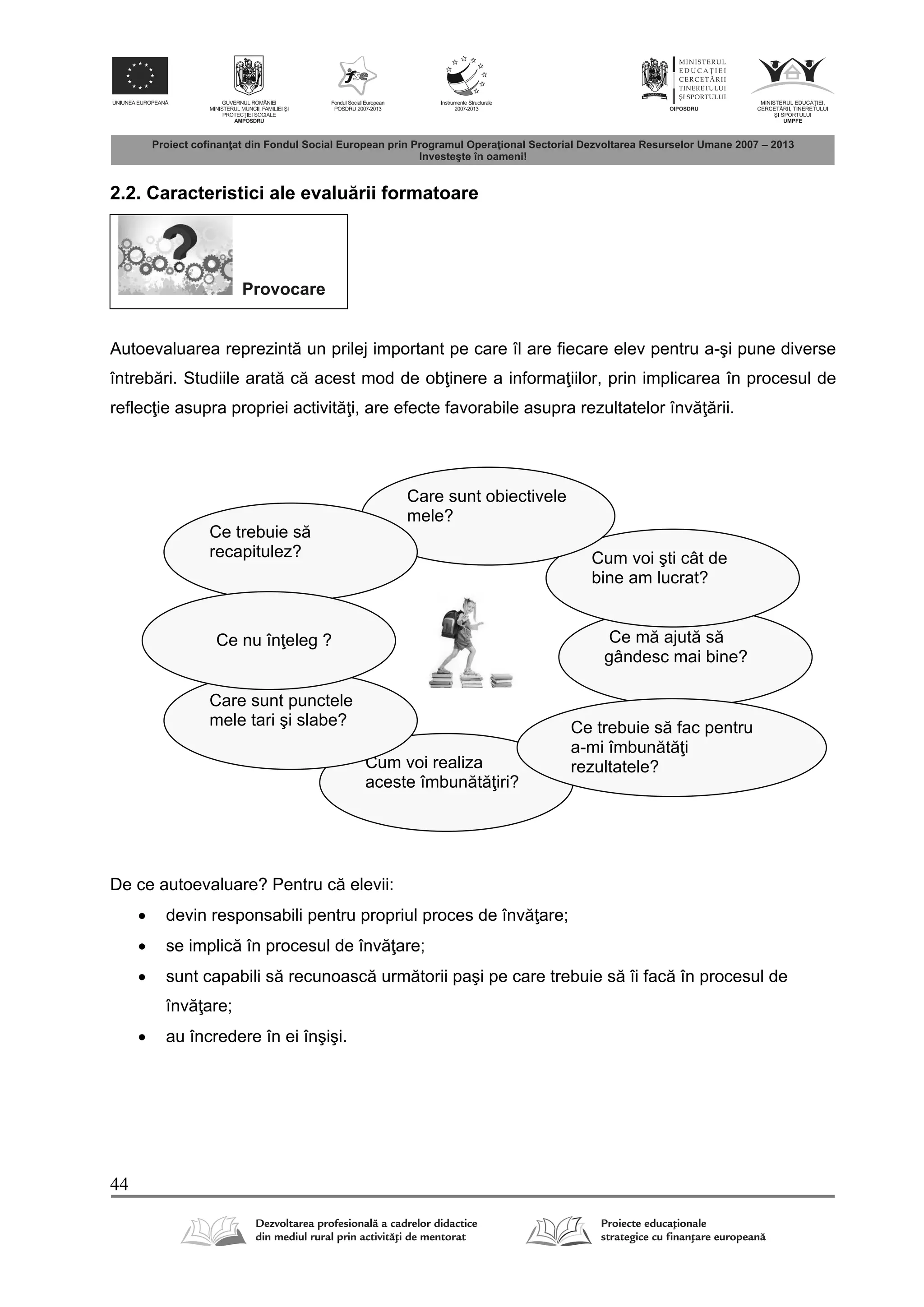 44
2.2. Caracteristici ale evalu rii formatoare
Autoevaluarea reprezint un prilej important pe care îl are fiecare elev pentru a-şi pune diverse
întreb ri. Studiile arat c acest mod de ob inere a informa iilor, prin implicarea în procesul de
reflec ie asupra propriei activit i, are efecte favorabile asupra rezultatelor înv rii.
De ce autoevaluare? Pentru c elevii:
 devin responsabili pentru propriul proces de înv are;
 se implic în procesul de înv are;
 sunt capabili s recunoasc urm torii paşi pe care trebuie s îi fac în procesul de
înv are;
 au încredere în ei înşişi.
Provocare
Ce m ajut s
gândesc mai bine?
Cum voi şti cât de
bine am lucrat?
Cum voi realiza
aceste îmbun t iri?
Care sunt obiectivele
mele?
Care sunt punctele
mele tari şi slabe?
Ce trebuie s
recapitulez?
Ce trebuie s fac pentru
a-mi îmbun t i
rezultatele?
Ce nu în eleg ?
 