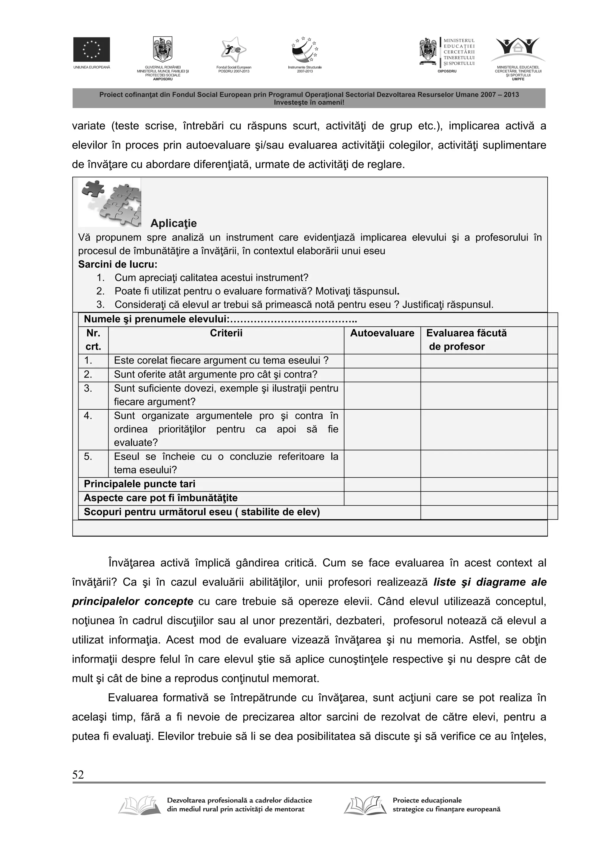 52
variate (teste scrise, întreb ri cu r spuns scurt, activit i de grup etc.), implicarea activ a
elevilor în proces prin autoevaluare şi/sau evaluarea activit ii colegilor, activit i suplimentare
de înv are cu abordare diferen iat , urmate de activit i de reglare.
Aplica ie
V propunem spre analiz un instrument care eviden iaz implicarea elevului şi a profesorului în
procesul de îmbun t ire a înv rii, în contextul elabor rii unui eseu
Sarcini de lucru:
1. Cum aprecia i calitatea acestui instrument?
2. Poate fi utilizat pentru o evaluare formativ ? Motiva i t spunsul.
3. Considera i c elevul ar trebui s primeasc not pentru eseu ? Justifica i r spunsul.
Numele şi prenumele elevului:………………………………..
Nr.
crt.
Criterii Autoevaluare Evaluarea f cut
de profesor
1. Este corelat fiecare argument cu tema eseului ?
2. Sunt oferite atât argumente pro cât şi contra?
3. Sunt suficiente dovezi, exemple şi ilustra ii pentru
fiecare argument?
4. Sunt organizate argumentele pro şi contra în
ordinea priorit ilor pentru ca apoi s fie
evaluate?
5. Eseul se încheie cu o concluzie referitoare la
tema eseului?
Principalele puncte tari
Aspecte care pot fi îmbun t ite
Scopuri pentru urm torul eseu ( stabilite de elev)
Înv area activ împlic gândirea critic . Cum se face evaluarea în acest context al
înv rii? Ca şi în cazul evalu rii abilit ilor, unii profesori realizeaz liste şi diagrame ale
principalelor concepte cu care trebuie s opereze elevii. Când elevul utilizeaz conceptul,
no iunea în cadrul discu iilor sau al unor prezent ri, dezbateri, profesorul noteaz c elevul a
utilizat informa ia. Acest mod de evaluare vizeaz înv area şi nu memoria. Astfel, se ob in
informa ii despre felul în care elevul ştie s aplice cunoştin ele respective şi nu despre cât de
mult şi cât de bine a reprodus con inutul memorat.
Evaluarea formativ se întrep trunde cu înv area, sunt ac iuni care se pot realiza în
acelaşi timp, f r a fi nevoie de precizarea altor sarcini de rezolvat de c tre elevi, pentru a
putea fi evalua i. Elevilor trebuie s li se dea posibilitatea s discute şi s verifice ce au în eles,
 