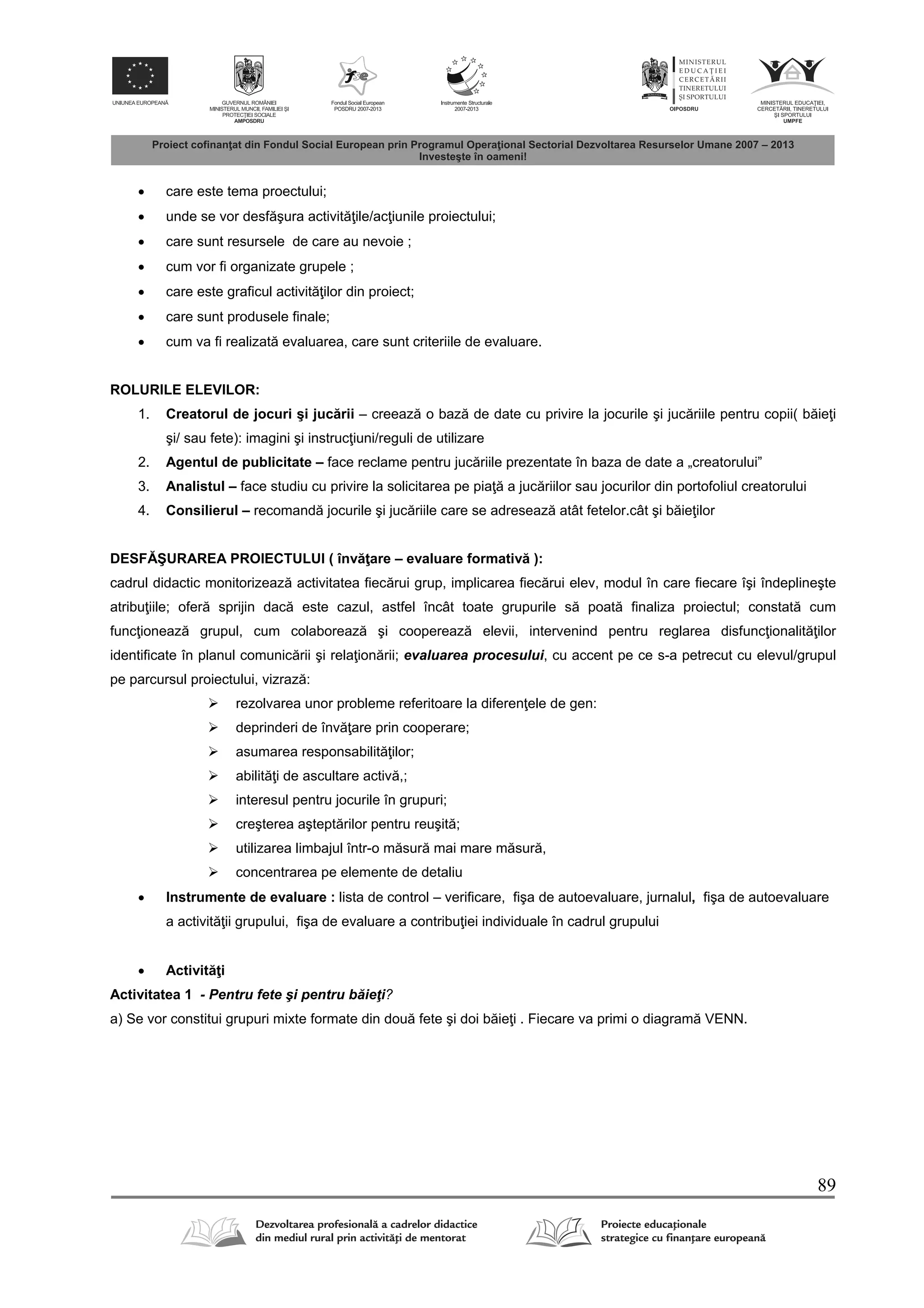 89
 care este tema proectului;
 unde se vor desf şura activit ile/ac iunile proiectului;
 care sunt resursele de care au nevoie ;
 cum vor fi organizate grupele ;
 care este graficul activit ilor din proiect;
 care sunt produsele finale;
 cum va fi realizat evaluarea, care sunt criteriile de evaluare.
ROLURILE ELEVILOR:
1. Creatorul de jocuri şi juc rii – creeaz o baz de date cu privire la jocurile şi juc riile pentru copii( b ie i
şi/ sau fete): imagini şi instruc iuni/reguli de utilizare
2. Agentul de publicitate – face reclame pentru juc riile prezentate în baza de date a „creatorului”
3. Analistul – face studiu cu privire la solicitarea pe pia a juc riilor sau jocurilor din portofoliul creatorului
4. Consilierul – recomand jocurile şi juc riile care se adreseaz atât fetelor.cât şi b ie ilor
DESF ŞURAREA PROIECTULUI ( înv are – evaluare formativ ):
cadrul didactic monitorizeaz activitatea fiec rui grup, implicarea fiec rui elev, modul în care fiecare îşi îndeplineşte
atribu iile; ofer sprijin dac este cazul, astfel încât toate grupurile s poat finaliza proiectul; constat cum
func ioneaz grupul, cum colaboreaz şi coopereaz elevii, intervenind pentru reglarea disfunc ionalit ilor
identificate în planul comunic rii şi rela ion rii; evaluarea procesului, cu accent pe ce s-a petrecut cu elevul/grupul
pe parcursul proiectului, vizraz :
 rezolvarea unor probleme referitoare la diferen ele de gen:
 deprinderi de înv are prin cooperare;
 asumarea responsabilit ilor;
 abilit i de ascultare activ ,;
 interesul pentru jocurile în grupuri;
 creşterea aştept rilor pentru reuşit ;
 utilizarea limbajul într-o m sur mai mare m sur ,
 concentrarea pe elemente de detaliu
 Instrumente de evaluare : lista de control – verificare, fişa de autoevaluare, jurnalul, fişa de autoevaluare
a activit ii grupului, fişa de evaluare a contribu iei individuale în cadrul grupului
 Activit i
Activitatea 1 - Pentru fete şi pentru b ieţi?
a) Se vor constitui grupuri mixte formate din dou fete şi doi b ie i . Fiecare va primi o diagram VENN.
 