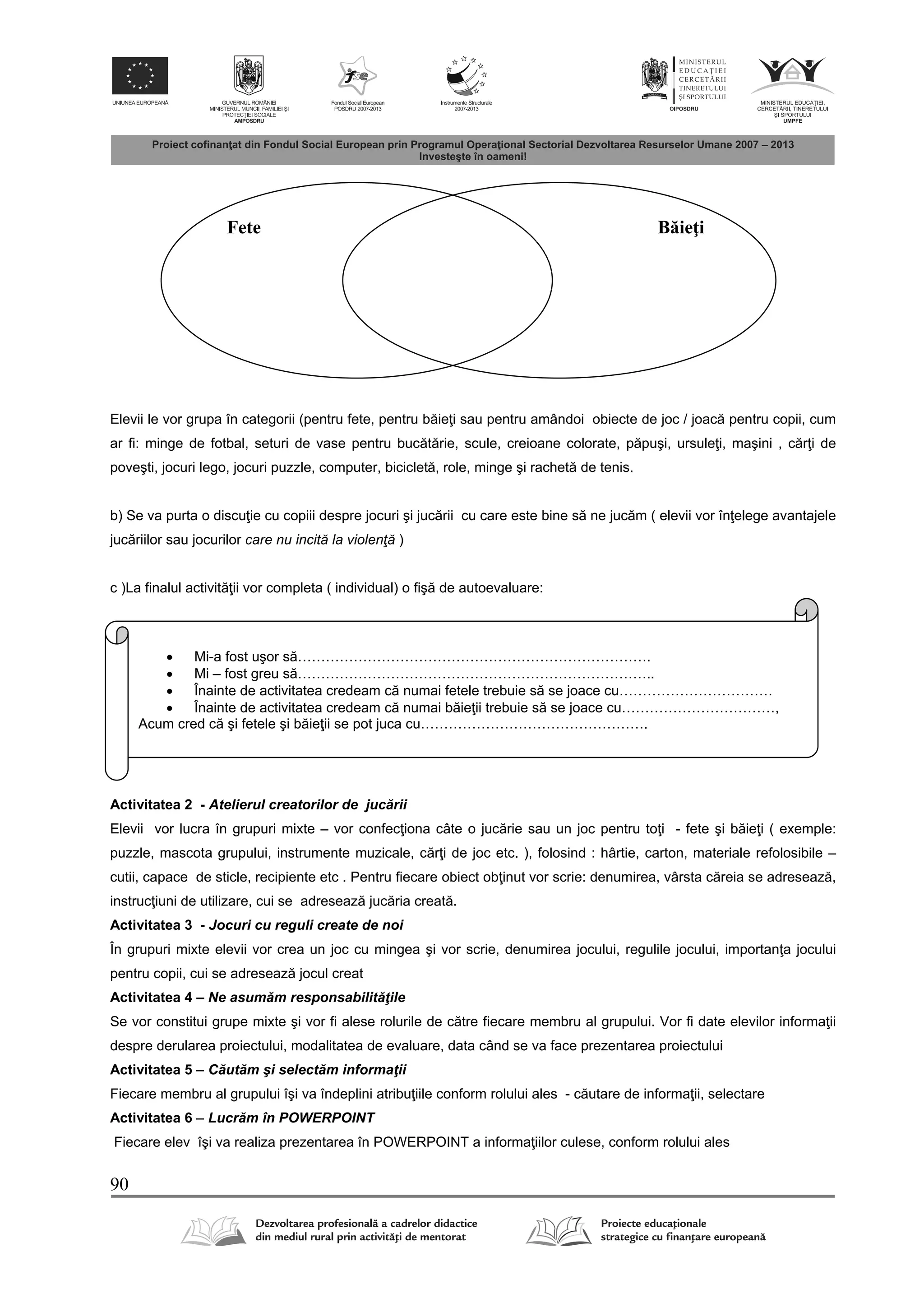 90
Elevii le vor grupa în categorii (pentru fete, pentru b ie i sau pentru amândoi obiecte de joc / joac pentru copii, cum
ar fi: minge de fotbal, seturi de vase pentru buc t rie, scule, creioane colorate, p puşi, ursule i, maşini , c r i de
poveşti, jocuri lego, jocuri puzzle, computer, biciclet , role, minge şi rachet de tenis.
b) Se va purta o discu ie cu copiii despre jocuri şi juc rii cu care este bine s ne juc m ( elevii vor în elege avantajele
juc riilor sau jocurilor care nu incită la violenţă )
c )La finalul activit ii vor completa ( individual) o fiş de autoevaluare:
Activitatea 2 - Atelierul creatorilor de juc rii
Elevii vor lucra în grupuri mixte – vor confec iona câte o juc rie sau un joc pentru to i - fete şi b ie i ( exemple:
puzzle, mascota grupului, instrumente muzicale, c r i de joc etc. ), folosind : hârtie, carton, materiale refolosibile –
cutii, capace de sticle, recipiente etc . Pentru fiecare obiect ob inut vor scrie: denumirea, vârsta c reia se adreseaz ,
instruc iuni de utilizare, cui se adreseaz juc ria creat .
Activitatea 3 - Jocuri cu reguli create de noi
În grupuri mixte elevii vor crea un joc cu mingea şi vor scrie, denumirea jocului, regulile jocului, importan a jocului
pentru copii, cui se adreseaz jocul creat
Activitatea 4 – Ne asum m responsabilit ţile
Se vor constitui grupe mixte şi vor fi alese rolurile de c tre fiecare membru al grupului. Vor fi date elevilor informa ii
despre derularea proiectului, modalitatea de evaluare, data când se va face prezentarea proiectului
Activitatea 5 – C ut m şi select m informaţii
Fiecare membru al grupului îşi va îndeplini atribu iile conform rolului ales - c utare de informa ii, selectare
Activitatea 6 – Lucr m în POWERPOINT
Fiecare elev îşi va realiza prezentarea în POWERPOINT a informa iilor culese, conform rolului ales
Fete Băieţi
 Mi-a fost uşor s ………………………………………………………………….
 Mi – fost greu s …………………………………………………………………..
 Înainte de activitatea credeam c numai fetele trebuie s se joace cu……………………………
 Înainte de activitatea credeam c numai b ie ii trebuie s se joace cu……………………………,
Acum cred c şi fetele şi b ie ii se pot juca cu………………………………………….
 