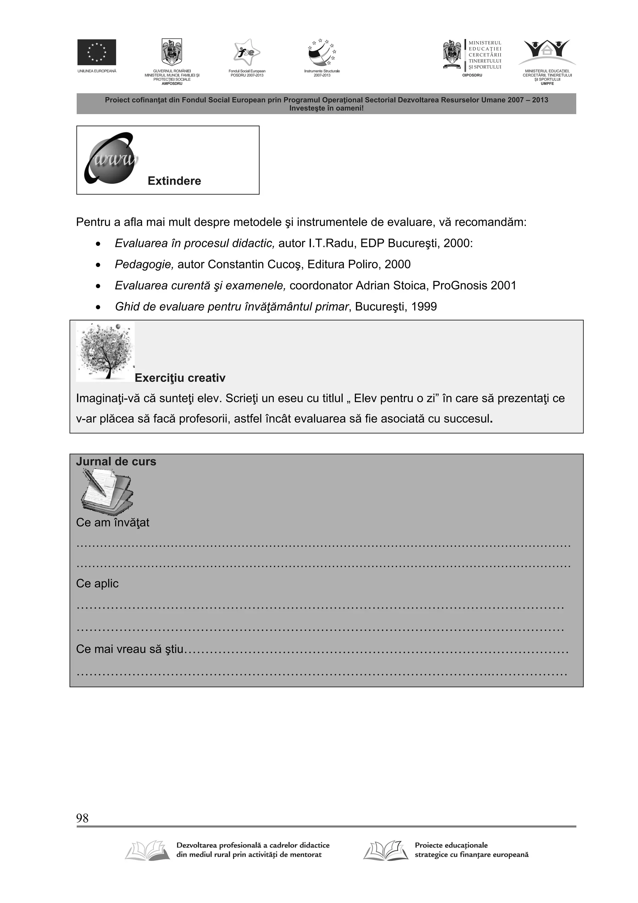 98
Extindere
Pentru a afla mai mult despre metodele şi instrumentele de evaluare, v recomand m:
 Evaluarea în procesul didactic, autor I.T.Radu, EDP Bucureşti, 2000:
 Pedagogie, autor Constantin Cucoş, Editura Poliro, 2000
 Evaluarea curentă şi examenele, coordonator Adrian Stoica, ProGnosis 2001
 Ghid de evaluare pentru învăţământul primar, Bucureşti, 1999
Exerci iu creativ
Imagina i-v c sunte i elev. Scrie i un eseu cu titlul „ Elev pentru o zi” în care s prezenta i ce
v-ar pl cea s fac profesorii, astfel încât evaluarea s fie asociat cu succesul.
Jurnal de curs
Ce am înv at
………………………………………………………………………………………………………………
………………………………………………………………………………………………………………
Ce aplic
……………………………………………………………………………………………………
……………………………………………………………………………………………………
Ce mai vreau s ştiu………………………………………………………………………………
…………………………………………………………………………………….………………
 