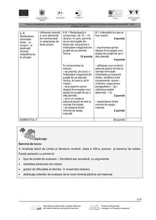 119
II. B
Redactarea
diverselor
texte, cu
scopuri şi
destina ii
diverse,
adaptându-le
la situa ia
Utilizarea corect
a unor elemente
de morfosinax
în redactarea de
texte proprii
II B 1 Redacteaz o
compunere, de 10 – 15
rânduri, în care, pornind
de la informa iile din
textul dat, s prezin i o
întâmplare imaginar din
jungl de pe planeta
Venus.
12 puncte
În compunerea ta,
trebuie:
- s prezin i, pe scurt, o
întâmplare imaginar din
jungl de pe planeta
Venus, la care tu s fii
martor;
- s - i exprimi opinia
despre frumuse ea unui
peisaj de jungl de pe o
alt planet ;
- s ai un con inut
adecvat tipului de text şi
cerin ei formulate;
- s respec i limita
minim de spa iu
indicat .
B.1 întâmpl rii la care ai
fost martor
4 puncte
- exprimarea opiniei
despre frumuse ea unui
peisaj de jungl de pe o
alt planet
4 puncte
- utilizarea unui con inut
adecvat tipului de text şi
cerin ei formulate
(Claritatea şi coerent
ideilor, echilibrul între
componente: opinie –
motivare, dispunerea
paragrafelor) – 2p./
utilizarea par ial
adecvat – 1p.
2 puncte
- respectarea limitei
minime de spa iu
indicate
2 puncte
SUBIECTUL II 36 puncte
Aplica ie
Sarcin de lucru:
1. Analiza i testul de Limba şi literatura română, clasa a VIII-a, precum şi baremul de notare.
Face i aprecieri cu privire la:
 tipul de prob de evaluare – formativ sau sumativ , cu argumente;
 claritatea baremului de notare;
 gradul de dificultate al itemilor, în ansamblul testului;
 distribu ia criteriilor de evaluare de la nivel minimal pân la cel maximal.
 