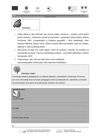30
Extindere
 Pute i ob ine şi alte informa ii utile privind rela ia curriculum - evaluare citind ghidul
pentru profesori „ Evaluarea curentă şi examenele”, coordonator Adrian Stoica, Editura
ProGnosis, 2001, Competenţele în învăţarea geografiei – Ghid metodologic, autor
Octavian Mândru , Editura Corint, 2009 şi modulul Stiluri de predare, stiluri de învăţare,
elaborat în cadrul aceluiaşi proiect
 Dac dori i s afla i mai multe despre criterii de evaluare, indicatori de evaluare v
recomand m lucrarea ”Teoria şi metodologia evaluării” , autor Marin Manolescu, Editura
Universitar , 2010.
 Puteti accesa web site-urile http://www.unibuc.ro/eBooks,
www.proeducation.md/dw.php3, http://www.ase.ro/biblioteca.
Exerci iu creativ
Continua i metafora pedagogic a lui Marcel C prescu, prezentat în sec iunea Provocare,
prin care s ilustra i dou concepte pedagogice dintre urm toarele trei: standarde curriculare
de performanţă, descriptori de performanţă, obiective de evaluare.
Jurnal de curs
Ce am înv at
……………………………………………………………………………………………………………
……………………………………………………………………………………………………………
Ce aplic
……………………………………………………………………………………………………………
…………………………………………………………………………………………………….......…
Ce mai vreau s ştiu…………………………………………………………………………….......…
…………………………………………………………………………………………………..........….
 