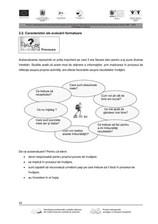 44
2.2. Caracteristici ale evalu rii formatoare
Autoevaluarea reprezint un prilej important pe care îl are fiecare elev pentru a-şi pune diverse
întreb ri. Studiile arat c acest mod de ob inere a informa iilor, prin implicarea în procesul de
reflec ie asupra propriei activit i, are efecte favorabile asupra rezultatelor înv rii.
De ce autoevaluare? Pentru c elevii:
 devin responsabili pentru propriul proces de înv are;
 se implic în procesul de înv are;
 sunt capabili s recunoasc urm torii paşi pe care trebuie s îi fac în procesul de
înv are;
 au încredere în ei înşişi.
Provocare
Ce m ajut s
gândesc mai bine?
Cum voi şti cât de
bine am lucrat?
Cum voi realiza
aceste îmbun t iri?
Care sunt obiectivele
mele?
Care sunt punctele
mele tari şi slabe?
Ce trebuie s
recapitulez?
Ce trebuie s fac pentru
a-mi îmbun t i
rezultatele?
Ce nu în eleg ?
 