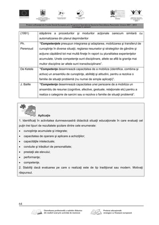 64
(1991) st pânire a procedurilor şi modurilor ac ionale oarecum similar cu
automatizarea din planul deprinderilor
Ph.
Perenoud
“Competenţele presupun integrarea şi adaptarea, mobilizarea şi transferul de
cunoştin e în diverse situa ii, reglarea resurselor şi strategiilor de gândire şi
ac iune c p tând tot mai mult fine e în raport cu pluralitatea experien elor
acumulate. Unele competen e sunt disciplinare, altele se afl la grani a mai
multor discipline iar altele sunt transdisciplinare”.
De Ketele “Competenţa desemneaz capacitatea de a mobiliza (identifica, combina şi
activa) un ansamblu de cunoştin e, abilit i şi atitudini, pentru a rezolva o
familie de situa ii problem (nu numai de simple aplica ii)”.
J. Baille “Competenţa desemneaz capacitatea unei persoane de a mobiliza un
ansamblu de resurse (cognitive, afective, gestuale, rela ionale etc) pentru a
realiza o categorie de sarcini sau a rezolva o familie de situa ii problem ”.
Aplica ie
1. Identifica i în activitatea dumneavoastr didactic situa ii educa ionale în care evalua i cel
pu in trei tipuri de rezultatele şcolare dintre cele enumerate:
 cunoştin e acumulate şi integrate;
 capacitatea de operare şi aplicare a achizi iilor;
 capacit ile intelectuale;
 conduite şi tr s turi de personalitate;
 presta ii ale elevului;
 performan e;
 competen e.
2. Stabili i dac evaluarea pe care o realiza i este de tip tradi ional sau modern. Motiva i
r spunsul.
 