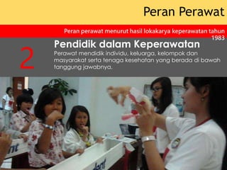 Pendidik dalam Keperawatan
Perawat mendidik individu, keluarga, kelompok dan
masyarakat serta tenaga kesehatan yang berada di bawah
tanggung jawabnya.
Peran Perawat
Peran perawat menurut hasil lokakarya keperawatan tahun
1983
2
 