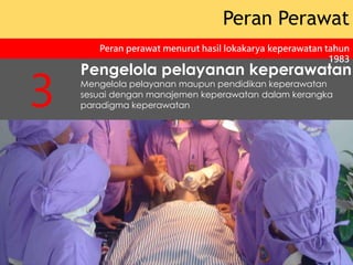 Peran Perawat
Peran perawat menurut hasil lokakarya keperawatan tahun
1983
3
Pengelola pelayanan keperawatan
Mengelola pelayanan maupun pendidikan keperawatan
sesuai dengan manajemen keperawatan dalam kerangka
paradigma keperawatan
 