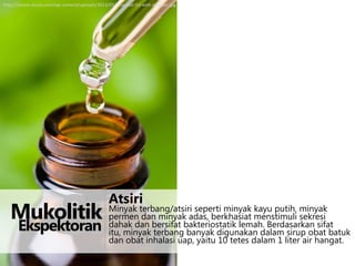 http://bloom-doula.com/wp-content/uploads/2013/03/Essential-Oil-with-dropper.jpg

&

Mukolitik
Ekspektoran

Atsiri

Minyak terbang/atsiri seperti minyak kayu putih, minyak
permen dan minyak adas, berkhasiat menstimuli sekresi
dahak dan bersifat bakteriostatik lemah. Berdasarkan sifat
itu, minyak terbang banyak digunakan dalam sirup obat batuk
dan obat inhalasi uap, yaitu 10 tetes dalam 1 liter air hangat.

 