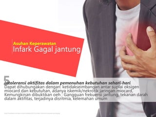5
Infark Gagal jantung
http://caratepat.com/wp-content/uploads/2013/12/obat-tradisional-penyakit-jantung.jpg
Asuhan Keperawatan
Intoleransi aktifitas dalam pemenuhan kebutuhan sehari-hari
Dapat dihubungakan dengan: ketidakseimbangan antar suplai oksigen
miocard dan kebutuhan, adanya iskemik/nekrotik jaringan miocard,
Kemungkinan dibuktikan oeh : Gangguan frekuensi jantung, tekanan darah
dalam aktifitas, terjadinya disritmia, kelemahan umum
 