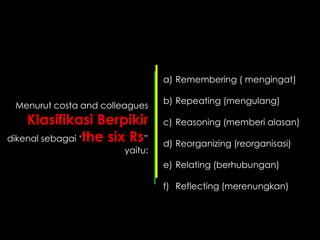 a) Remembering ( mengingat)
b) Repeating (mengulang)
c) Reasoning (memberi alasan)
d) Reorganizing (reorganisasi)
e) Relating (berhubungan)
f) Reflecting (merenungkan)
Menurut costa and colleagues
Klasifikasi Berpikir
dikenal sebagai ‘the six Rs”
yaitu:
 
