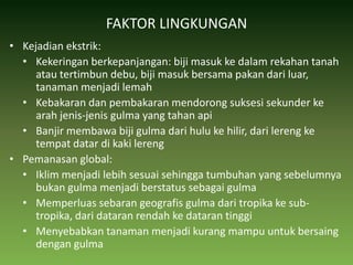 FAKTOR LINGKUNGANKejadian ekstrik:Kekeringan berkepanjangan: biji masuk ke dalam rekahan tanah atau tertimbun debu, biji masuk bersama pakan dari luar, tanaman menjadi lemahKebakaran dan pembakaran mendorong suksesi sekunder ke arah jenis-jenis gulma yang tahan apiBanjir membawa biji gulma dari hulu ke hilir, dari lereng ke tempat datar di kaki lerengPemanasan global:Iklim menjadi lebih sesuai sehingga tumbuhan yang sebelumnya bukan gulma menjadi berstatus sebagai gulmaMemperluas sebaran geografis gulma dari tropika ke sub-tropika, dari dataran rendah ke dataran tinggiMenyebabkan tanaman menjadi kurang mampu untuk bersaing dengan gulma