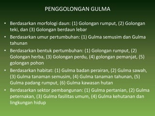 PENGGOLONGAN GULMABerdasarkan morfologi daun: (1) Golongan rumput, (2) Golongan teki, dan (3) Golongan berdaun lebarBerdasarkan umur pertumbuhan: (1) Gulma semusim dan Gulma tahunanBerdasarkan bentuk pertumbuhan: (1) Golongan rumput, (2) Golongan herba, (3) Golongan perdu, (4) golongan pemanjat, (5) golongan pohonBerdasarkan habitat: (1) Gulma badan perairan, (2) Gulma sawah, (3) Gulma tanaman semusim, (4) Gulma tanaman tahunan, (5) Gulma padang rumput, (6) Gulma kawasan hutanBerdasarkan sektor pembangunan: (1) Gulma pertanian, (2) Gulma peternakan, (3) Gulma fasilitas umum, (4) Gulma kehutanan dan lingkungan hidup