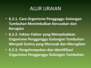 ALUR URAIAN6.2.1. Cara Organisme Penggaggu Golongan Tumbuhan Menimbulkan Kerusakan dan Kerugian6.2.2. Faktor-Faktor yang Menyebabkan Organisme Pengganggu Golongan Tumbuhan Menjadi Gulma yang Merusak dan Merugikan6.2.3. Pengelompokan dan Identifikasi Organisme Pengganggu Golongan Tumbuhan