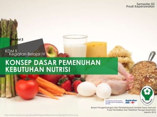 KONSEP DASAR PEMENUHAN
KEBUTUHAN NUTRISI
Semester 03
Kegiatan Belajar IV
KDM II
Badan Pengembangan dan Pemberdayaan Sumber Daya Manusia
Pusat Pendidikan dan Pelatihan Tenaga Kesehatan
Jakarta 2013
Prodi Keperawatan
Modul 2
http://www.wycokck.org/uploadedImages/Departments/Aging/Nutrition.png
 