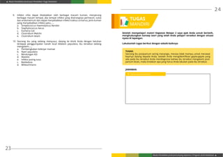 Modul Pendidikan Jarak Jauh Pendidikan Tinggi Kesehatan
Modul Pendidikan Jarak Jauh Jenjang Diploma 3 Program Studi Kebidanan
23
24
9.	 Infeksi nifas dapat disebabkan oleh berbagai macam kuman, menyerang
berbagai macam tempat, jika tempat infeksi yang diserangnya perineum, vulva
dan endometrium dan dapat menyebabkan infeksi traktus urinarius, jenis kuman
yang menyebabkan infeksi yaitu……
a.	 Streptococcus Haemolyticus Aerobic
b.	 Staphylococcus Aerus
c.	 Escheria Coli
d.	 Clostridium Welchii
e.	 Clostridium tetani
10.	Seorang ibu yang sedang menyusui, datang ke klinik Anda dengan keluhan
terdapat penggumpalan nanah local didalam payudara, ibu tersebut sedang
mengalami……
a.	 Pembengkakan kelenjar mamae
b.	 Nyeri payudara
c.	 Bendungan ASI
d.	Mastitis
e.	 Infeksi puting susu
c. 	 Battledore.
d. 	 Mitleschmertz
TUGAS
MANDIRI
Setelah mempelajari materi Kegiatan Belajar 2 saya ajak Anda untuk berlatih,
menghubungkan konsep teori yang telah Anda pelajari tersebut dengan situasi
nyata di lapangan.
Lakukanlah tugas berikut dengan sebaik-baiknya:
TUGAS:
Seorang ibu postpartum sering menangis, merasa tidak mampu untuk merawat
bayinya datang kepada Anda, setelah Anda mengidentifikasi gejala-gejala yang
ada pada ibu tersebut Anda mendiagnosa bahwa ibu tersebut mengalami post-
partum blues, maka tindakan apa yang harus Anda lakukan pada ibu tersebut.
Jawaban:
Tuliskan apa yang anda ketahui
 