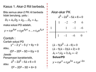 Kasus 1. Akar-2 Riil berbeda,
Bila semua akar-2 PK riil berbeda
tidak berulang, yaitu :
maka solusi PD adalah,
Contoh :
Carilah solusi PD
y′′′ – 2 y′′ – 5 y′ + 6y = 0
atau,
(D3 – 2D2 – 5D + 6)y = 0
Jawab
Persamaan karakteristik,
atau
D3 – 2D2 – 5D + 6= 0
x
n
xx necececy 
 ...21
21
,,...,, 2211 nnDDD  
0652 23  
0652 23  
Akar-akar PK
xxx
ecececy 2
3
3
21
321
2
2,3,1
0)2)(3)(1(
0)6)(1(





PDSolusi



 