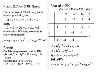 Kasus 2. Akar-2 Riil Sama,
Terdapat akar-2 PK riil yang sama
berulang m kali, yaitu :
maka solusi PD yang memuat m
akar sama adalah,
Contoh :
Carilah penyelesaian umum PD,
y(IV) – 6y′′′ + 13y′′ – 12y′ + 4y = 0
Jawab
Persamaan karakeristik,
λ4 – 6λ3 + 13λ2 – 12λ + 4 = 0




m
m
DDDD ...
...
321
321
atau,
xm
m excxcxccy )..( 12
321

Akar-akar PK
λ4 – 6λ3 + 13λ2 – 12λ + 4 = 0
xxxx xececxececy 2
4
2
321
4321
22
22
2,1
0)2()1(
0)44()1(




PDSolusi



 