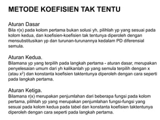METODE KOEFISIEN TAK TENTU
Aturan Dasar
Bila r(x) pada kolom pertama bukan solusi yh, pilihlah yp yang sesuai pada
kolom kedua, dan koefisien-koefisien tak tentunya diperoleh dengan
mensubstitusikan yp dan turunan-turunannya kedalam PD diferensial
semula.
Aturan Kedua.
Bilamana yp yang terpilih pada langkah pertama - aturan dasar, merupakan
penyelesaian umum dari yh kalikanlah yp yang semula terpilih dengan x
(atau x2) dan konstanta koefisien taktentunya diperoleh dengan cara seperti
pada langkah pertama.
Aturan Ketiga.
Bilamana r(x) merupakan penjumlahan dari beberapa fungsi pada kolom
pertama, pilihlah yp yang merupakan penjumlahan fungsi-fungsi yang
sesuai pada kolom kedua pada tabel dan konstanta koefisien taktentunya
diperoleh dengan cara seperti pada langkah pertama.
 
