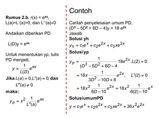 Rumus 2.b. r(x) = eax,
L(a)=L(a)=0, dan L(a)0
Andaikan diberikan PD
L(D)y = eax
Untuk menentukan yp, tulis
PD menjadi,
ax
p
ax
e
aL
xy
aL
aLaL
e
DL
y
)(
1
0)(
,0)(,0)(
)(
1
2





:maka
danJika
Contoh
Carilah penyelesaian umum PD,
(D3 – 5D2 + 8D – 4)y = 18 e2x
Jawab
Solusi yh
xxxx
xx
x
x
p
xxx
h
exxecececy
exe
D
x
Le
DD
x
Le
DDD
y
xecececy
222
3
2
21
222
2
2
2
23
2
3
2
21
36
10)2(6
1
18
106
1
18
0)2(,
8103
1
18
0)2(,18
485(
1












PDumumSolusi
ypSolusi
 