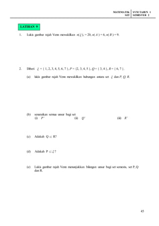 MATEMATIK
SET
SVM TAHUN 1
SEMESTER 2
45
LATIHAN 8
1. Lukis gambar rajah Venn mewakilkan n( ), = 20, n( A ) = 6, n( B ) = 9.
2. Diberi  = { 1, 2, 3, 4, 5, 6, 7 }, P = {2, 3, 4, 5 }, Q = { 3, 4 }, R = { 6, 7 }.
(a) lukis gambar rajah Venn mewakilkan hubungan antara set  dan P, Q, R.
(b) senaraikan semua unsur bagi set
(i) P’ (ii) Q’ (iii) R’
(c) Adakah Q  R?
(d) Adakah P   ?
(e) Lukis gambar rajah Venn menunjukkan bilangan unsur bagi set semesta, set P, Q
dan R.
LATIHAN 9
 