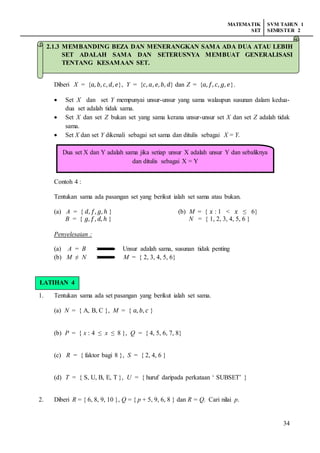 MATEMATIK
SET
SVM TAHUN 1
SEMESTER 2
34
.
Diberi X = {𝑎, 𝑏, 𝑐, 𝑑, 𝑒}, Y = {𝑐, 𝑎, 𝑒, 𝑏, 𝑑} dan Z = {𝑎, 𝑓, 𝑐, 𝑔, 𝑒}.
 Set X dan set Y mempunyai unsur-unsur yang sama walaupun susunan dalam kedua-
dua set adalah tidak sama.
 Set X dan set Z bukan set yang sama kerana unsur-unsur set X dan set Z adalah tidak
sama.
 Set X dan set Y dikenali sebagai set sama dan ditulis sebagai X = Y.
Contoh 4 :
Tentukan sama ada pasangan set yang berikut ialah set sama atau bukan.
(a) A = { 𝑑, 𝑓, 𝑔, ℎ } (b) M = { 𝑥 : 1 < 𝑥 ≤ 6}
B = { 𝑔, 𝑓, 𝑑, ℎ } N = { 1, 2, 3, 4, 5, 6 }
Penyelesaian :
(a) A = B Unsur adalah sama, susunan tidak penting
(b) M ≠ N M = { 2, 3, 4, 5, 6}
LATIHAN 4
1. Tentukan sama ada set pasangan yang berikut ialah set sama.
(a) N = { A, B, C }, M = { 𝑎, 𝑏, 𝑐 }
(b) P = { x : 4 ≤ x ≤ 8 }, Q = { 4, 5, 6, 7, 8}
(c) R = { faktor bagi 8 }, S = { 2, 4, 6 }
(d) T = { S, U, B, E, T }, U = { huruf daripada perkataan ‘ SUBSET’ }
2. Diberi R = { 6, 8, 9, 10 }, Q = { p + 5, 9, 6, 8 } dan R = Q. Cari nilai p.
Dua set X dan Y adalah sama jika setiap unsur X adalah unsur Y dan sebaliknya
dan ditulis sebagai X = Y
2.1.3 MEMBANDING BEZA DAN MENERANGKAN SAMA ADA DUA ATAU LEBIH
SET ADALAH SAMA DAN SETERUSNYA MEMBUAT GENERALISASI
TENTANG KESAMAAN SET.
LATIHAN 4
 