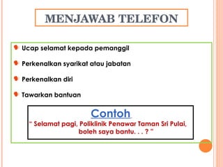 MENJAWAB TELEFON Ucap selamat kepada pemanggil Perkenalkan syarikat atau jabatan Perkenalkan diri Tawarkan bantuan Contoh   “  Selamat pagi, Poliklinik Penawar Taman Sri Pulai,  boleh saya bantu. . . ? ” 