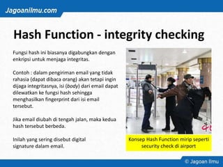 Fungsi hash ini biasanya digabungkan dengan
enkripsi untuk menjaga integritas.
Contoh : dalam pengiriman email yang tidak
rahasia (dapat dibaca orang) akan tetapi ingin
dijaga integritasnya, isi (body) dari email dapat
dilewatkan ke fungsi hash sehingga
menghasilkan fingerprint dari isi email
tersebut.
Jika email diubah di tengah jalan, maka kedua
hash tersebut berbeda.
Inilah yang sering disebut digital
signature dalam email.
Hash Function - integrity checking
 
