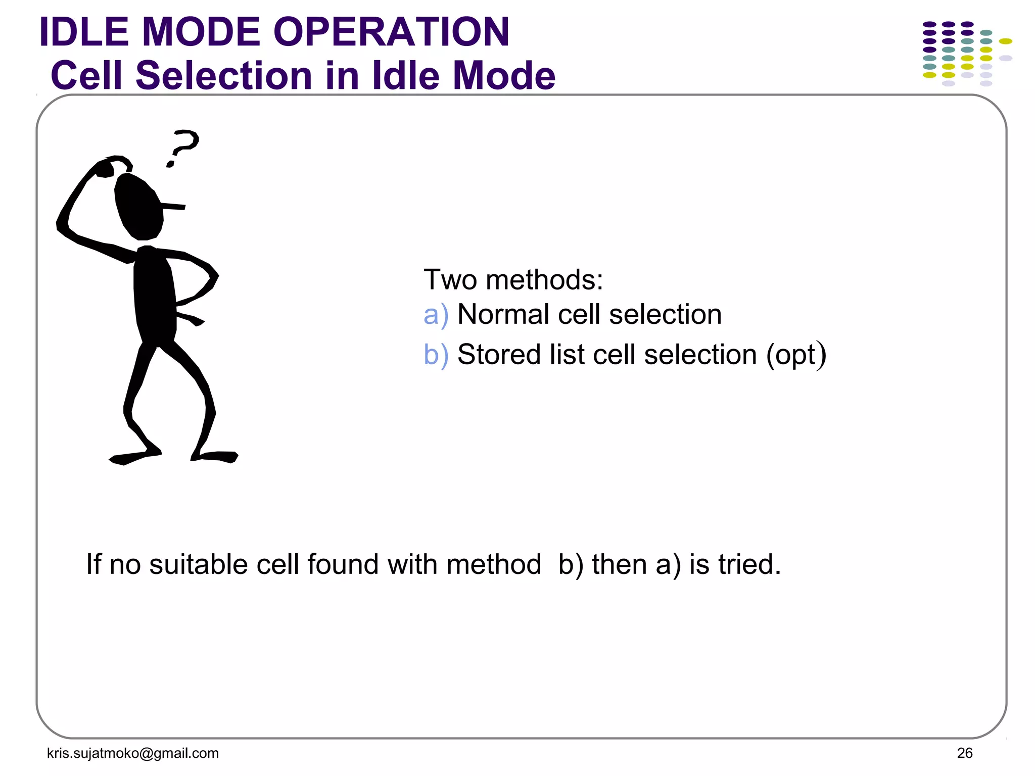 kris.sujatmoko@gmail.com 26
IDLE MODE OPERATION
Cell Selection in Idle Mode
Two methods:
a) Normal cell selection
b) Stored list cell selection (opt)
If no suitable cell found with method b) then a) is tried.
 