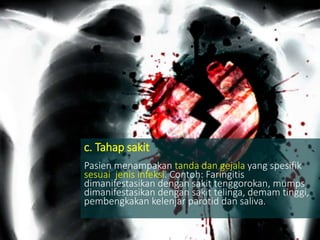 c. Tahap sakit
Pasien menampakan tanda dan gejala yang spesifik
sesuai jenis infeksi. Contoh: Faringitis
dimanifestasikan dengan sakit tenggorokan, mumps
dimanifestasikan dengan sakit telinga, demam tinggi,
pembengkakan kelenjar parotid dan saliva.
 