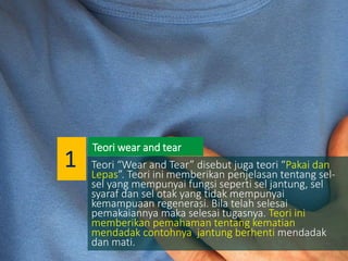 Teori “Wear and Tear” disebut juga teori “Pakai dan
Lepas”. Teori ini memberikan penjelasan tentang sel-
sel yang mempunyai fungsi seperti sel jantung, sel
syaraf dan sel otak yang tidak mempunyai
kemampuaan regenerasi. Bila telah selesai
pemakaiannya maka selesai tugasnya. Teori ini
memberikan pemahaman tentang kematian
mendadak contohnya jantung berhenti mendadak
dan mati.
Teori wear and tear
1
 