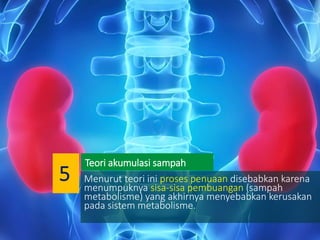 Menurut teori ini proses penuaan disebabkan karena
menumpuknya sisa-sisa pembuangan (sampah
metabolisme) yang akhirnya menyebabkan kerusakan
pada sistem metabolisme.
Teori akumulasi sampah
5
 