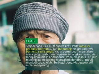 Terjadi pada usia 45 tahun ke atas. Pada masa ini
produksi hormon sudah berkurang hingga akhirnya
berhenti sama sekali. Kaum perempuan mengalami
masa yang disebut menopause sedangkan kaum pria
mengalami masa andropause. Pada masa ini kulit pun
menjadi kering karena mengalami dehidrasi, tubuh
menjadi cepat lelah. Berbagai penyakit degeneratif
mulai menyerang.
Fase 3
 