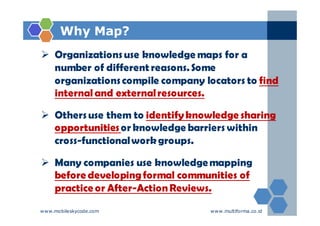 Why Map?
Ø Organizations use knowledge maps for a
  number of different reasons. Some
  organizations compile company locators to find
  internal and external resources.

Ø Others use them to identify knowledge sharing
  opportunities or knowledge barriers within
  cross-functional work groups.

Ø Many companies use knowledge mapping
  before developing formal communities of
  practice or After-Action Reviews.
www.mobileskycode.com             www.multiforma.co.id
 