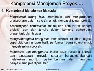 Kompetensi Manajemen Proyek….
4. Kompetensi Manajemen Manusia
- Memotivasi orang lain, memimpin dan mengarahkan
orang-orang dalam satu tim untuk mencapai tujuan proyek
- Keterampilan komunikasi, melakukan komunikasi secara
efektif, lisan dan tertulis dalam konteks pertemuan,
presentasi, dan laporan.
- Mengembangkan orang lain, memberikan pelatihan, tugas,
supervisi, dan unpam balik performan yang cukup untuk
menyelesaikan proyek.
- Memonitor dan mengontrol, Menerapkan rencana, jadwal,
dan anggaran proyek secara berkesinambungan
melakukan monitor perkembangan dan membuat
penyesuaian jika diperlukan.
MK-Analisis Sistem Informasi Manajemen Proyek
 